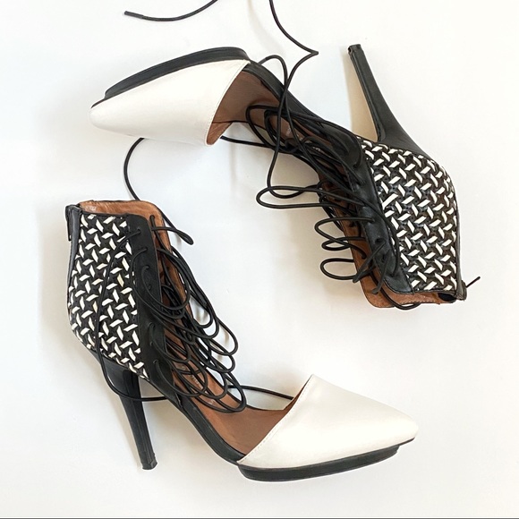 Jeffrey Campbell Roulette black white pointed toe lace up ankle open sides heels - Picture 6 of 11